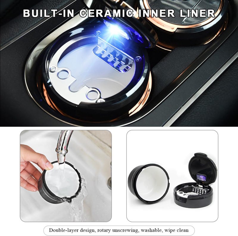 ZNDAW 2PCS Car Ashtray with Lid, Detachable Auto Smokeless Ash Tray with LED Blue Light, Portable Ashtray for Vehicle Cup Holder and Air Vent Home Office, Interior Car Accessories (Black&Rose Golden) - Image 4